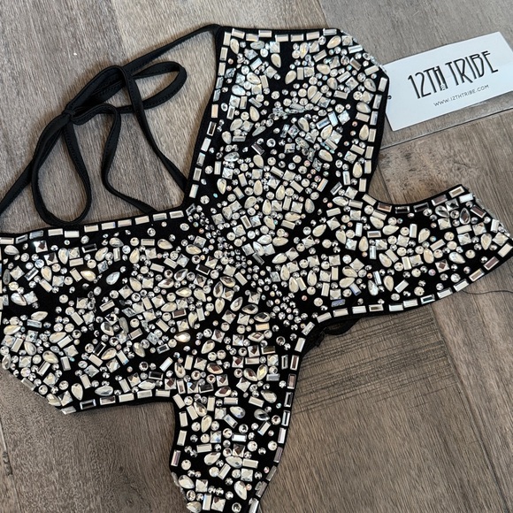 12th Tribe Black and Silver Beaded Crop Top/Butterfly Top - Picture 2 of 5